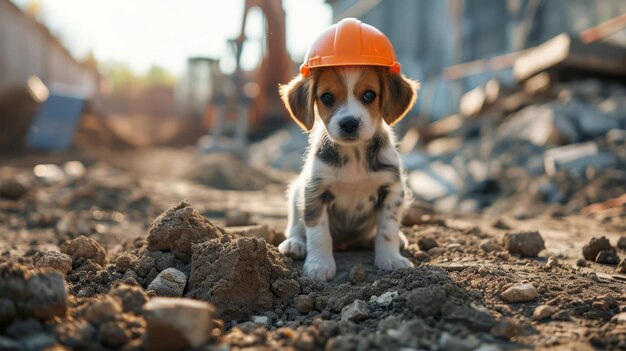 Een puppy gekleed als een bouwer op een bouwplaats met een veiligheidshelm