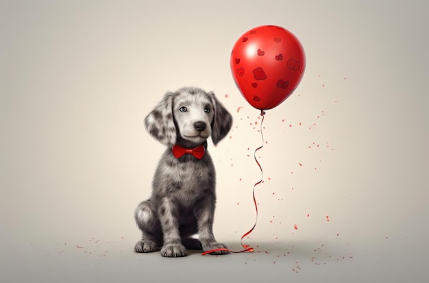 een puppy houdt een rode ballon vast in de stijl van een fotorealistisch portret