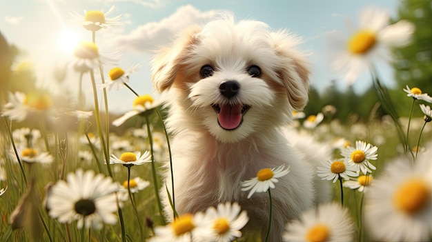 een puppy in een bloemenveld met een hemelachtergrond