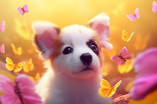 Een puppy in een bloemenveld met vlinders