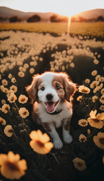 Een puppy in een bloemenveld