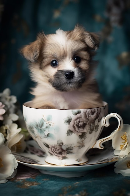 Een puppy in een theekopje met bloemen op tafel.