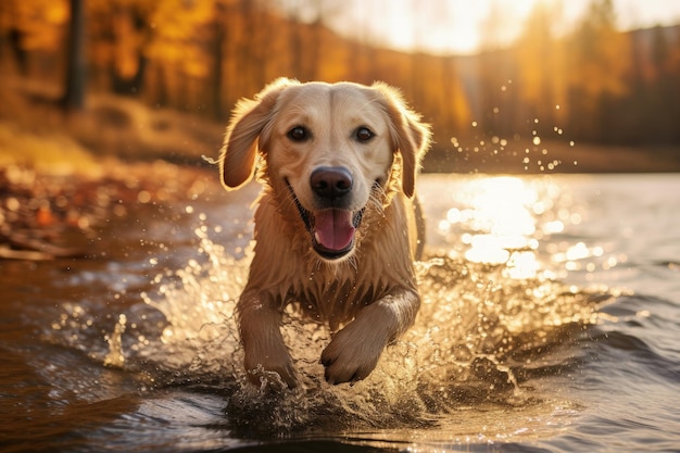 Een puppy Labrador dartelt in een herfstrivier met een mooi gezicht