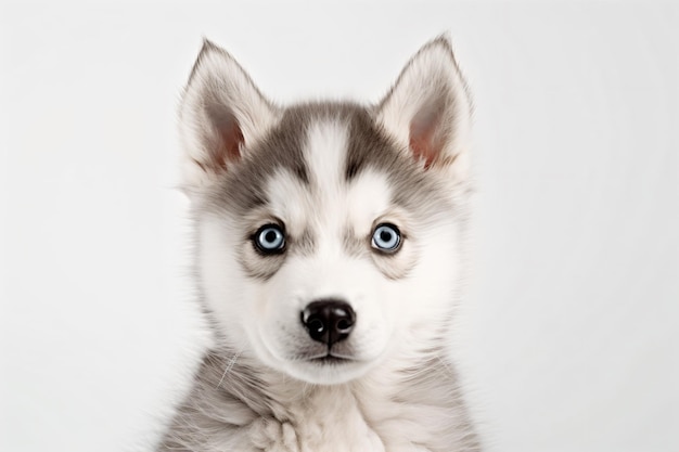 een puppy met blauwe ogen kijkt naar de camera