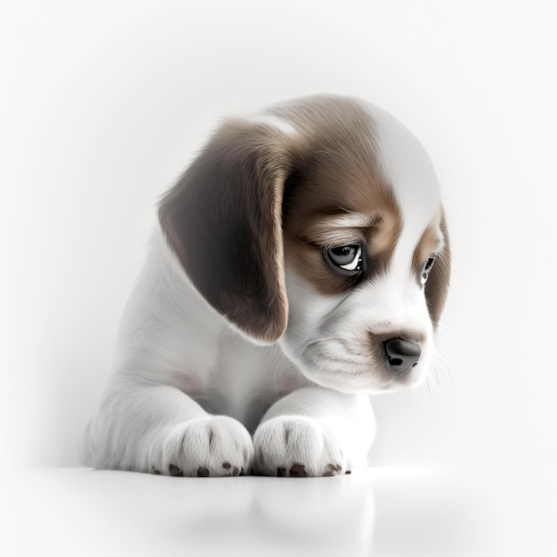 Een puppy met bruine en witte vacht en bruine vlekken kijkt naar beneden.