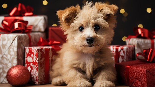 Een puppy met een kerstcadeau op de achtergrond.