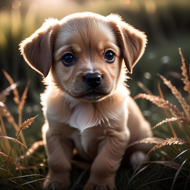 een puppy zit in het gras met de zon achter hem