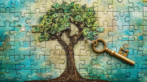 Een puzzel met een geldboomontwerp en een sleutel aan de bovenkant die een oplossing of succes symboliseert