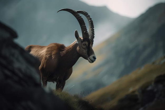 Een Pyreneese steenbok met hoorns staat op een rotsachtige heuvel