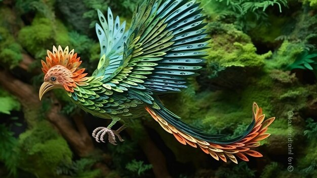 Foto een quetzal, ingewikkeld vervaardigd in quilling-stijl, zijn prachtige verenkleed gevormd door papierrollen