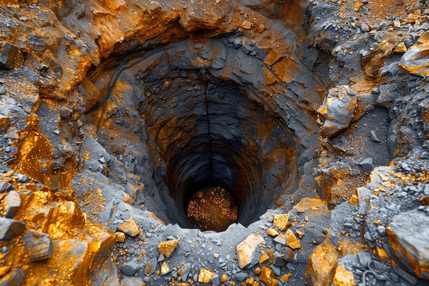 Foto een raadselachtige afgrond in een rotsachtig terrein, een dramatische aardelijke krater omringd door ruige oranje stenen