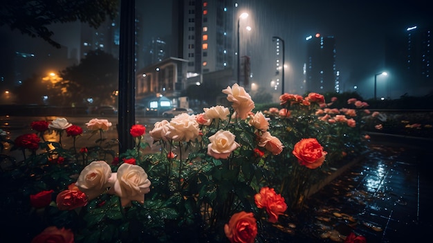 Een raam met bloemen in de nacht