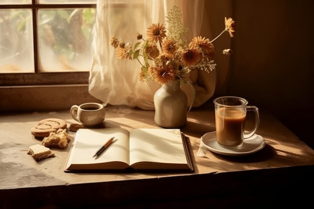 Een raam met een boek, een kop koffie en een kop koffie.