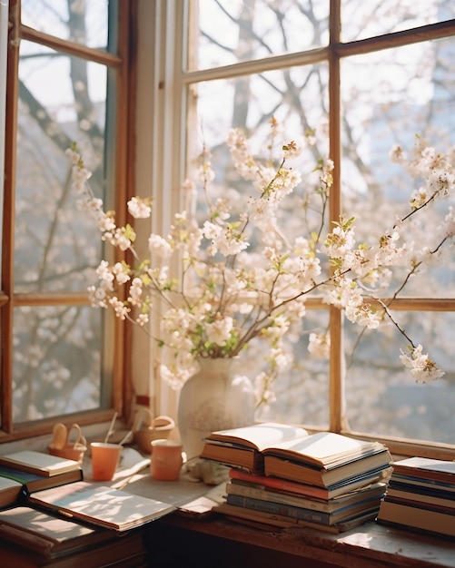 Een raam met een boek en een vaas met bloemen erop