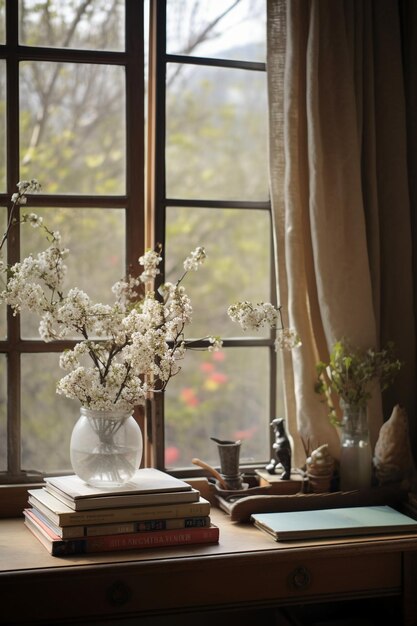 Een raam met een boek en een vaas met bloemen erop