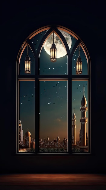 Een raam met een maan en sterren erop