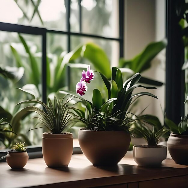 Foto een raam met een plant en potplanten op een tafel