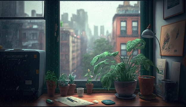 Een raam met een plant erop en een lamp op tafel.