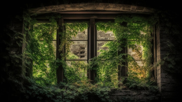 Een raam met groene klimop erop