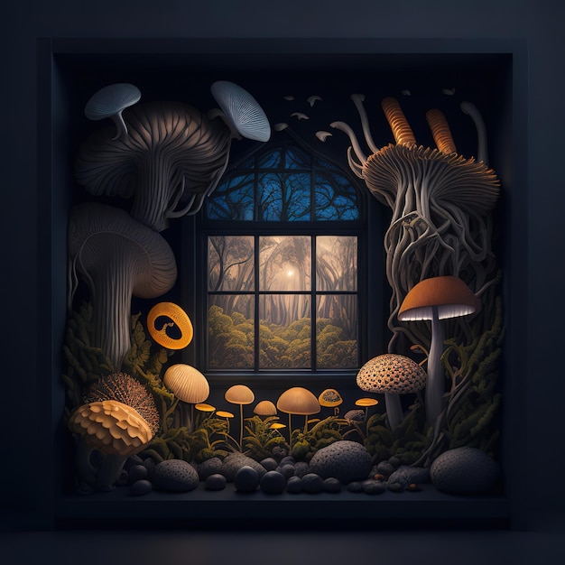 Een raam met paddenstoelen en een maan op de achtergrond