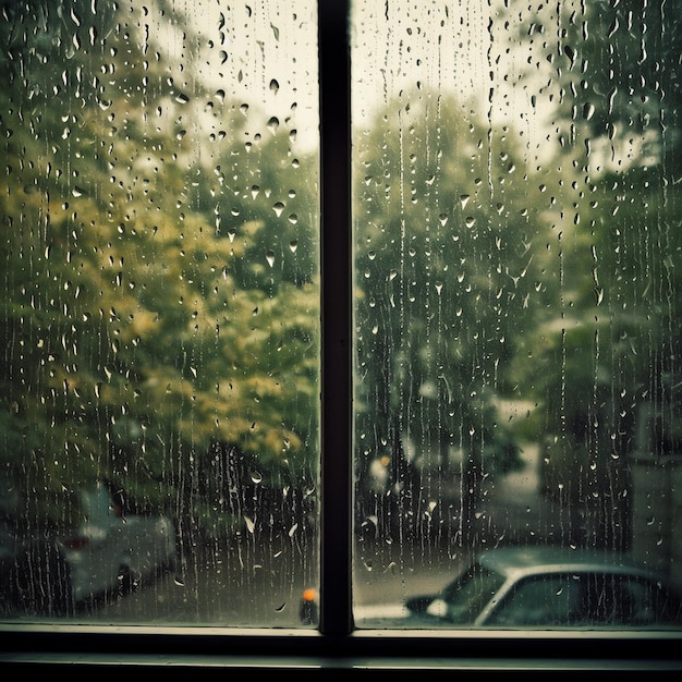 Een raam met regendruppels erop en een auto op de achtergrond.