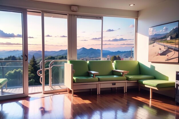 Een raam met uitzicht op bergen en een groene bank.