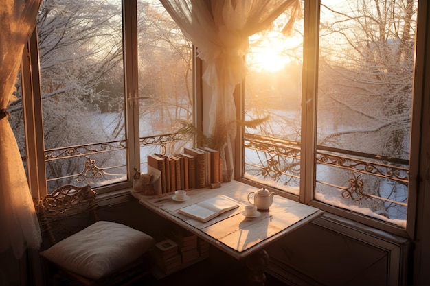 Een raam met uitzicht op de besneeuwde grond en een tafel met boeken erop.