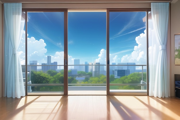 Een raam met uitzicht op de stad op de achtergrond