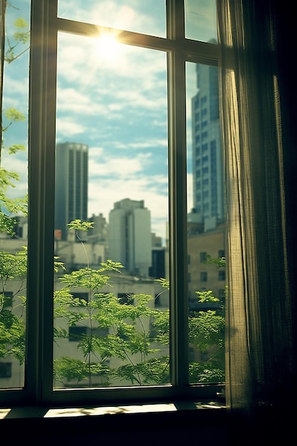 Een raam met uitzicht op een stad en een boom buiten