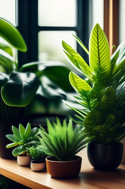 Foto een raam met veel weelderige kamerplanten