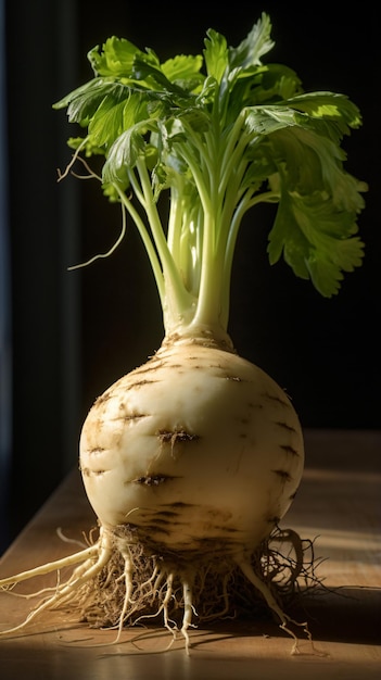 een raapwortel met een groene bladplant