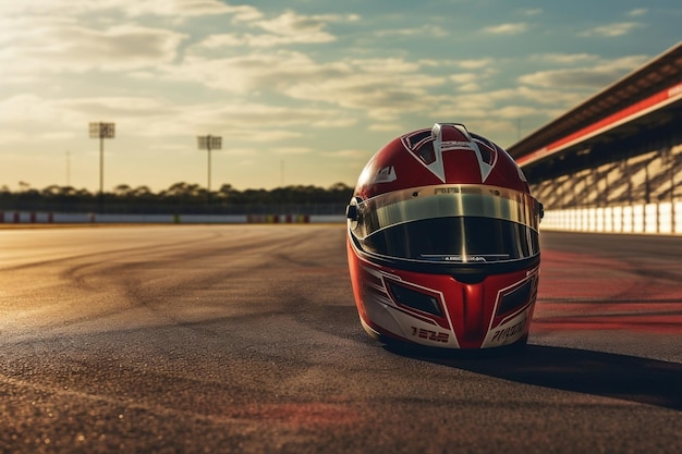 Een racehelm op een motorracecircuit Generatieve AI