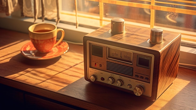 Een radio met een kop koffie en een kop thee op een tafel.