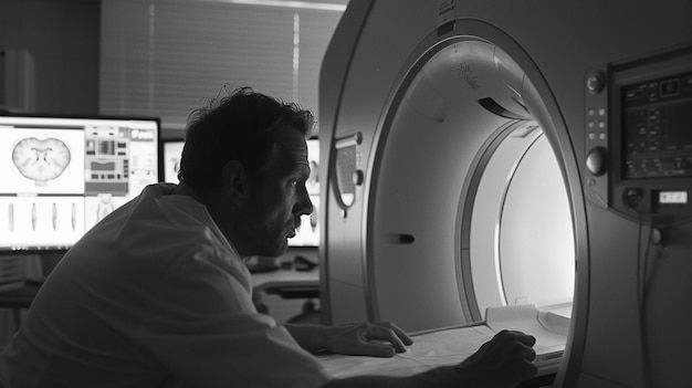 een radioloog die MRI-scans met nauwkeurige aandacht voor details beoordeelt