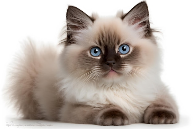 Een ragdoll-kat met blauwe ogen.