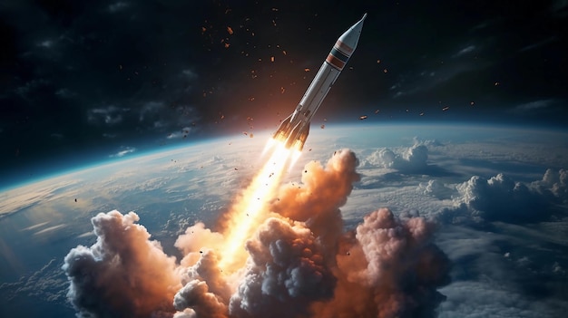 Een raket die de ruimte binnengaat om een satelliet in een baan om de aarde te zetten.