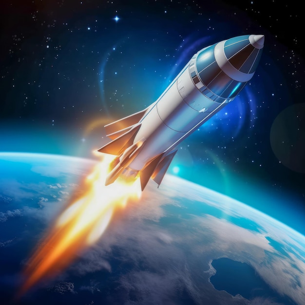 Een raket die over de aarde vliegt met een blauwe achtergrond en de woorden space shuttle erop.
