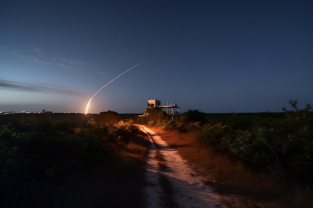 Een raket vliegt over een onverharde weg met een licht van een raketlancering.