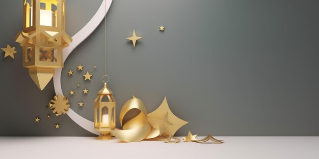 Een ramadan achtergrond met een lantaarn en sterren.