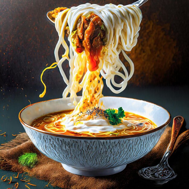 Foto een ramen met room soep en