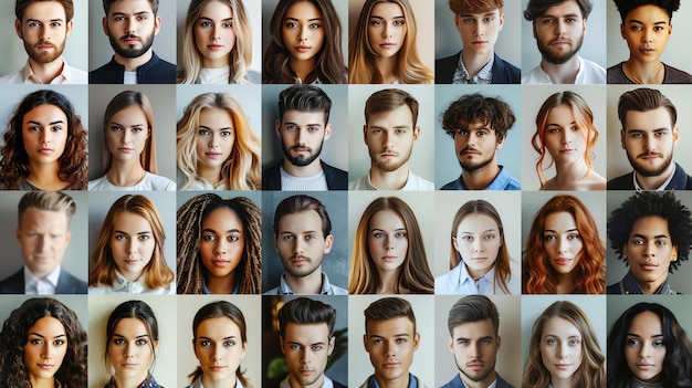 Foto een raster van 24 verschillende mensen headshots de mensen zijn allemaal jong en aantrekkelijk en ze kijken allemaal naar de camera