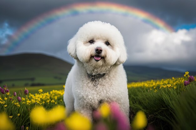 Een raszuivere bichon frise wacht op een weiland in de open lucht die Ai heeft gegenereerd