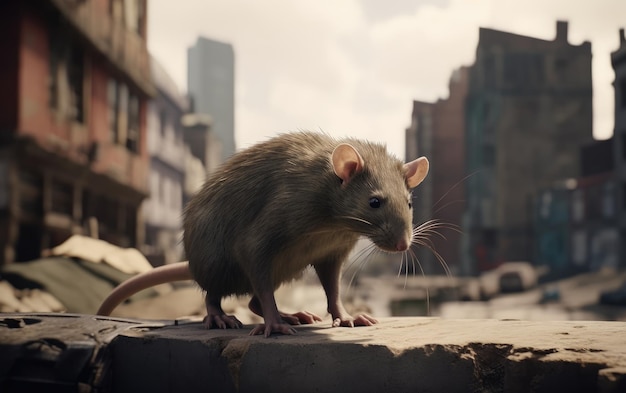 Een rat of muis op een stadsachtergrond ai gegenereerd