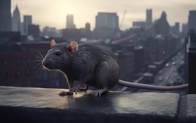 Een rat of muis op een stadsachtergrond ai gegenereerd