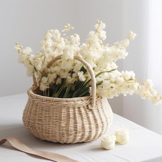 een rattan mand is vol met witte bloemen en andere bloemige elementen