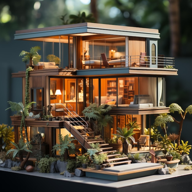 Een realistisch houten modern klein huisje met een plat dak en grote ramen