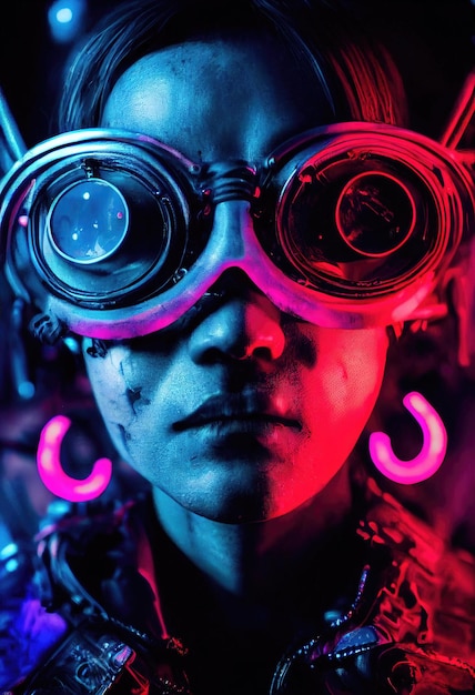 Een realistisch portret van een ebbenhouten meisje met een cyberpunk-headset en cyberpunk-uitrusting.