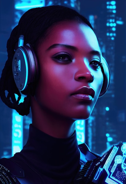 Een realistisch portret van een ebbenhouten meisje met een cyberpunk-headset en cyberpunk-uitrusting.