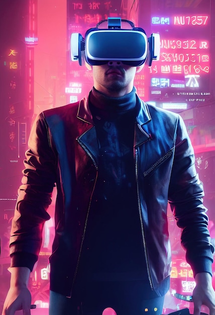 Een realistisch portret van een man in neonlicht met een cyberpunk-headset en cyberpunk-uitrusting.