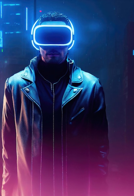 Een realistisch portret van een man in neonlicht met een cyberpunk-headset en cyberpunk-uitrusting.